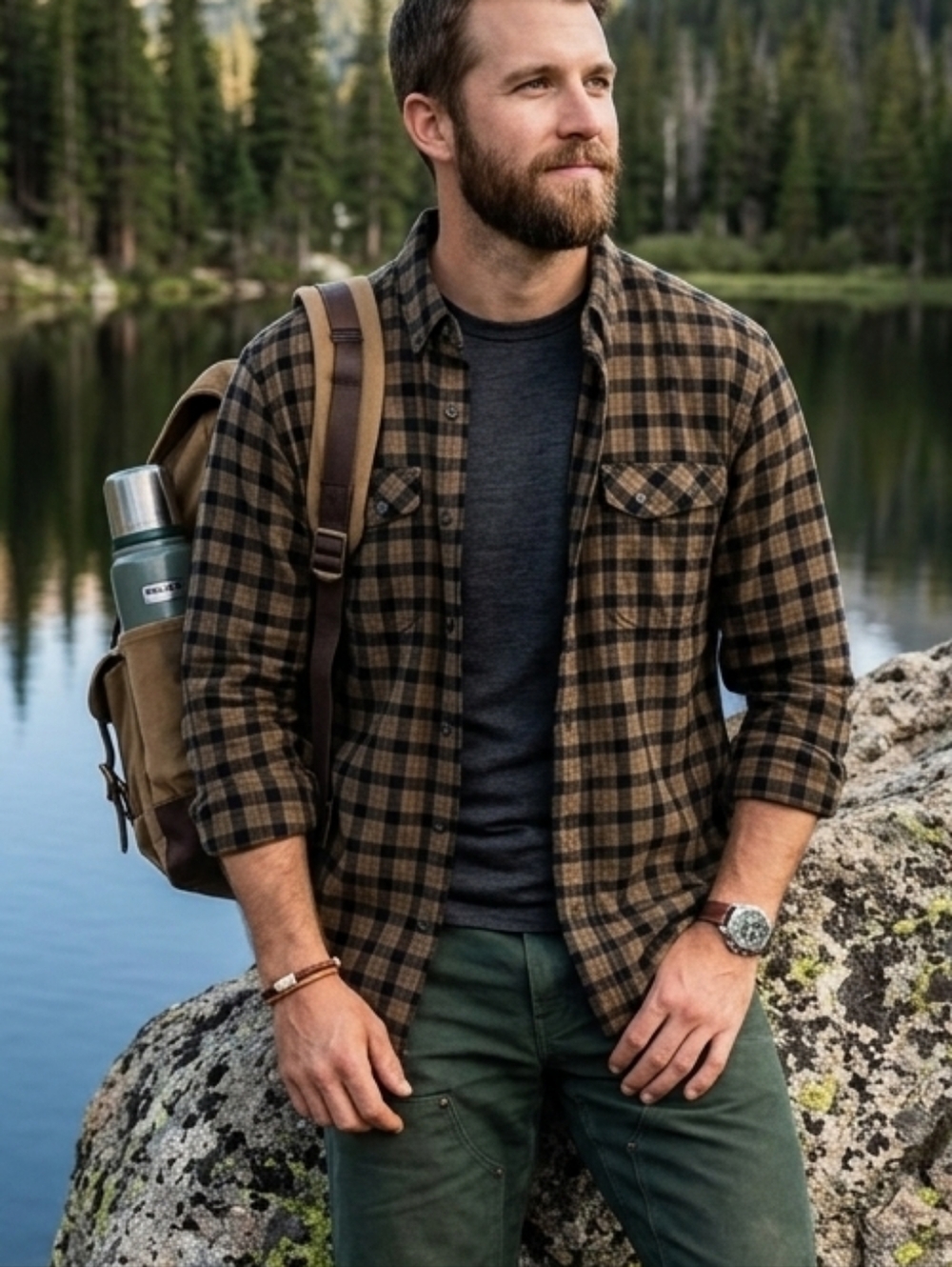 Duluth Trading Co Flannel Shirt Large Tall Brown Black Plaid Standard Fit LT